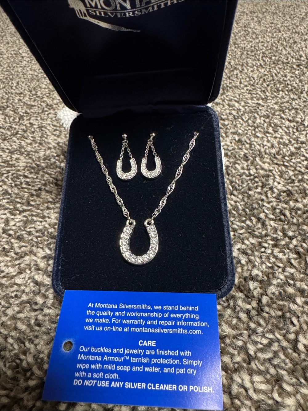 Montana Silversmiths Silver Crystal Horseshoe Necklace and Earrings Set, nwot